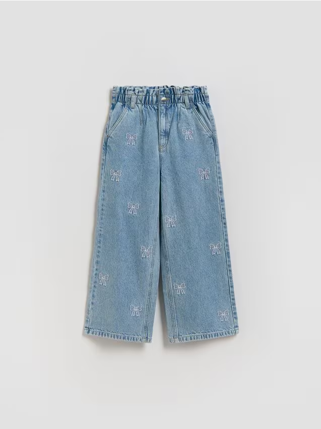 Reserved - Jeansy wide leg z haftem - niebieski