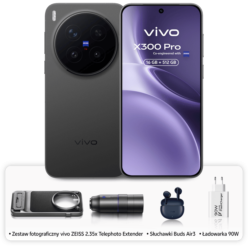vivo X300 Pro 5G 16/512GB Telephoto Extender + słuchawki Buds Air 3 + ładowarka 90W Czarny