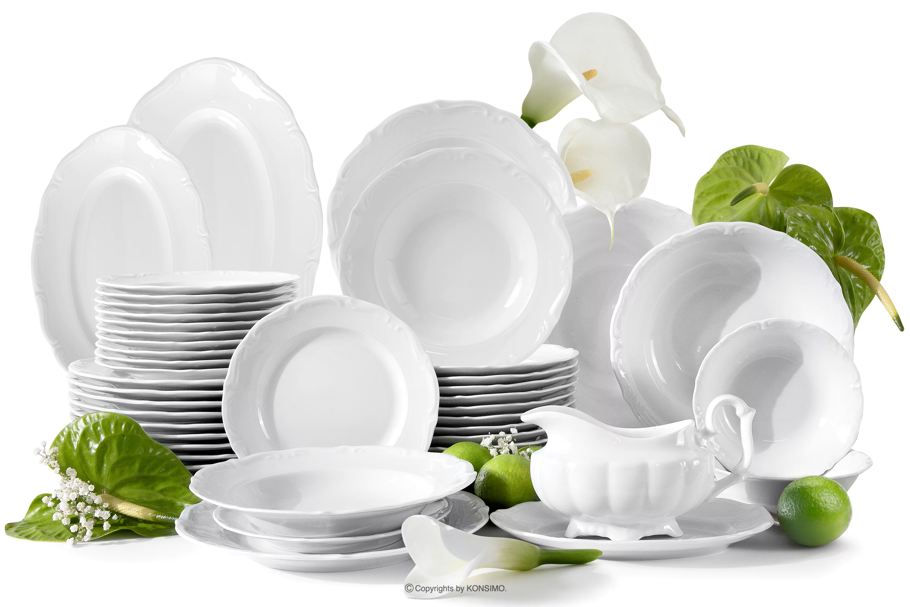 Klasyczny zestaw obiadowy z porcelany 12 os. (44 el.) biały MARIA TERESA