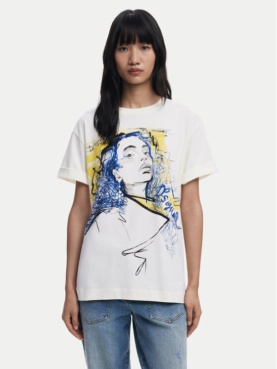 Desigual T-Shirt Portrait 25WWTK05 Biały Loose Fit
