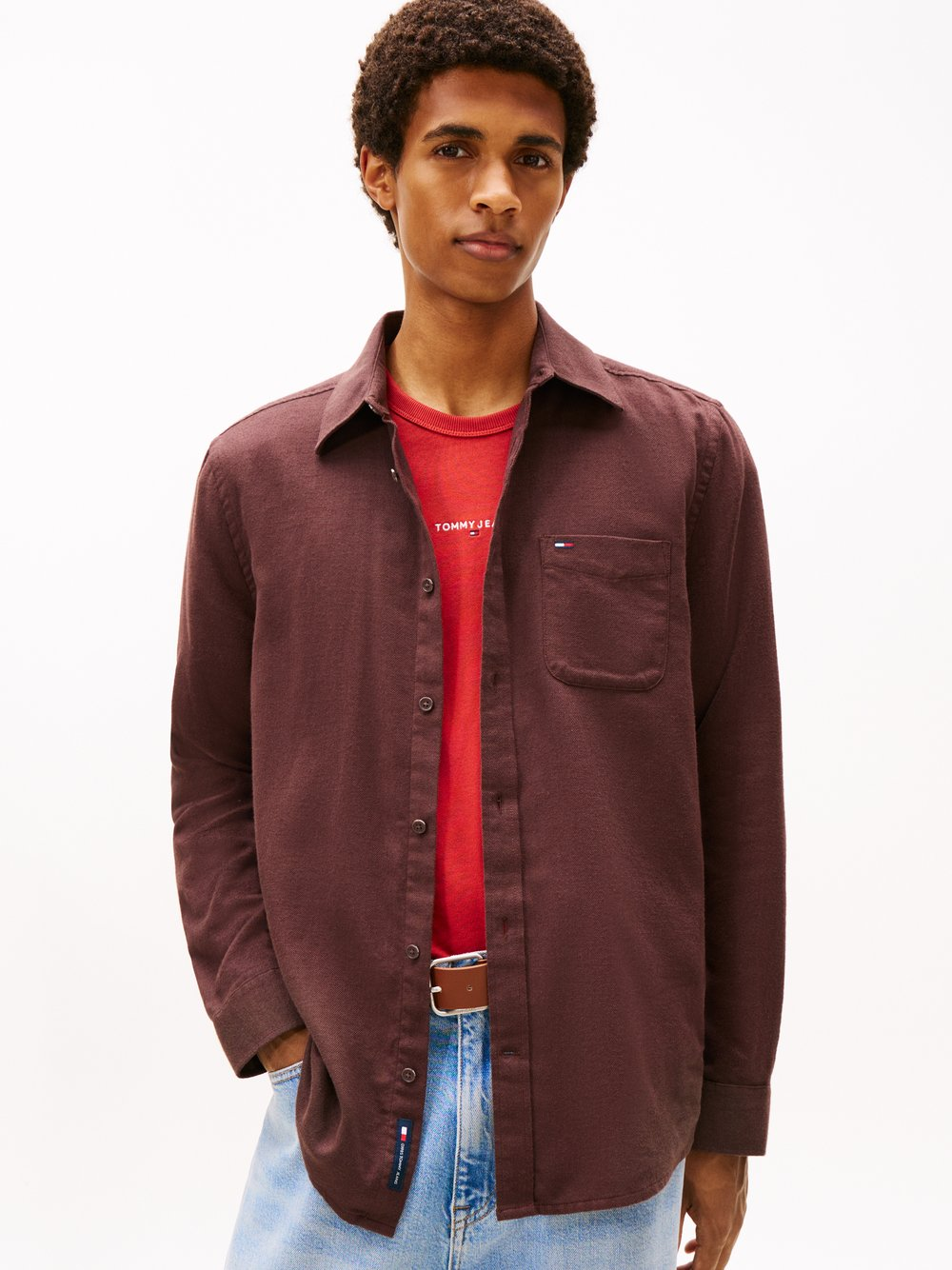 Tommy Jeans Męska koszula casual Mężczyźni Regular Fit Bawełna brązowy, XXL