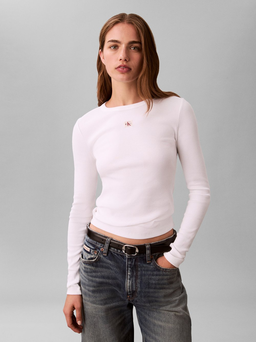 Calvin Klein Jeans Damska koszulka z długim rękawem Kobiety Bawełna biały, XS