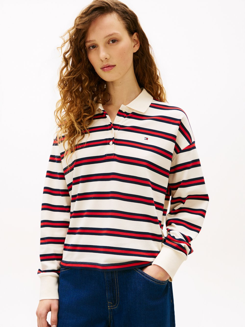 Tommy Hilfiger Damska koszulka polo z długim rękawem Kobiety Bawełna czerwony|biały|niebieski, L