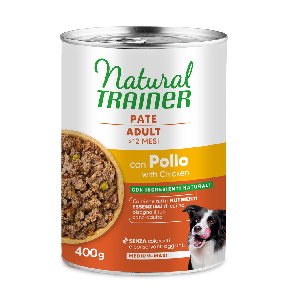 2 + 1 gratis! Natural Trainer, karma mokra dla psa, 3 x 100 g / 3 x 400 g - Pate Medium & Maxi Adult, kurczak w puszkach, 3 x 400 g