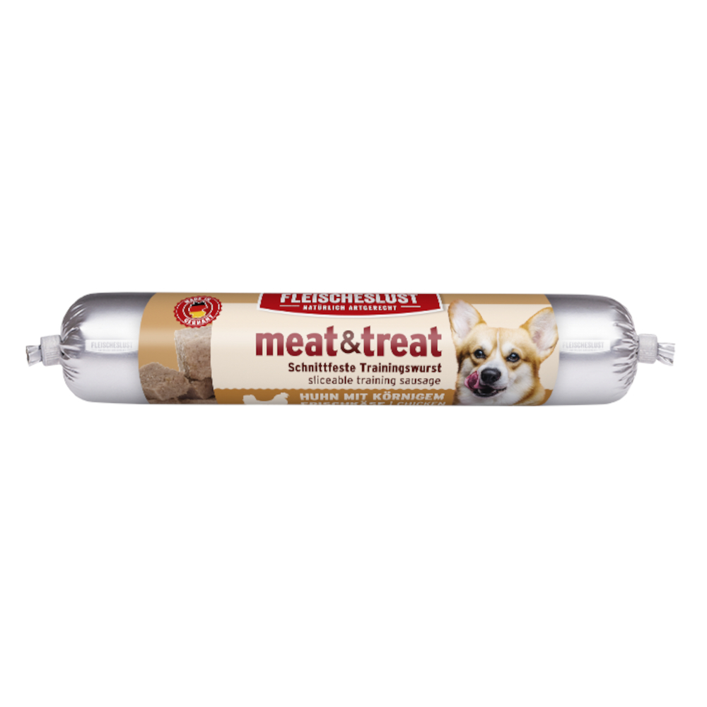 Fleischeslust Meat & Treat, kiełbaska treningowa - Kurczak z ziarnistym twarogiem, 3 x 80 g