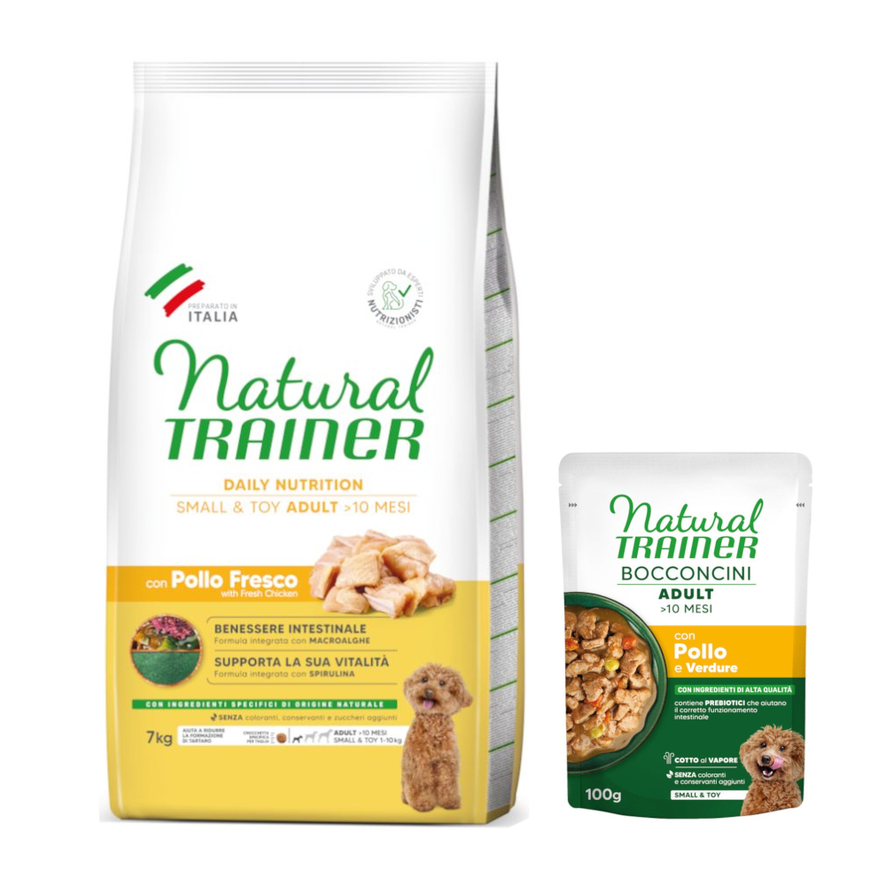Natural Trainer: karma sucha, 7 kg + Adult Small & Toy, kawałki w sosie, 6 x 100 g gratis - Adult Small & Toy z kurczakiem, 7 kg + Kurczak, 6 x 100 g