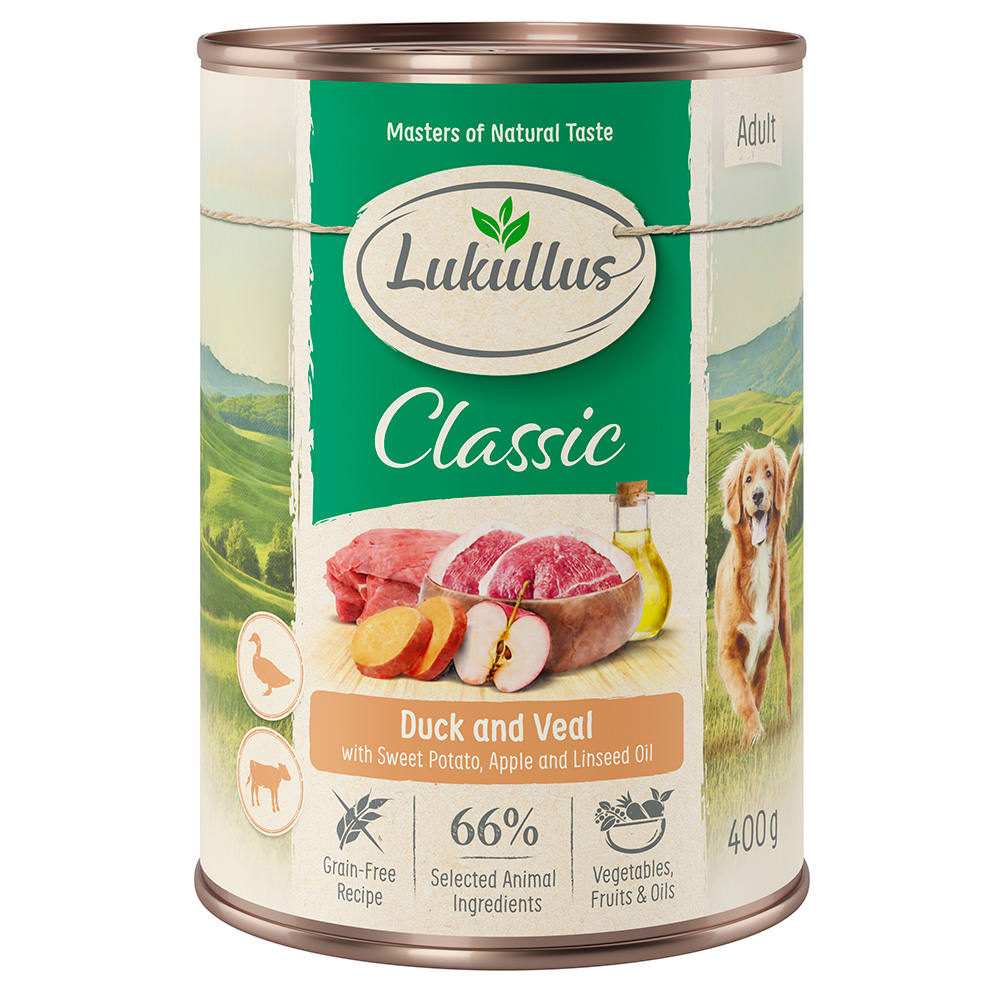 Megapakiet Lukullus Natural, 24 x  400 g - Kaczka i cielęcina (bez zbóż)