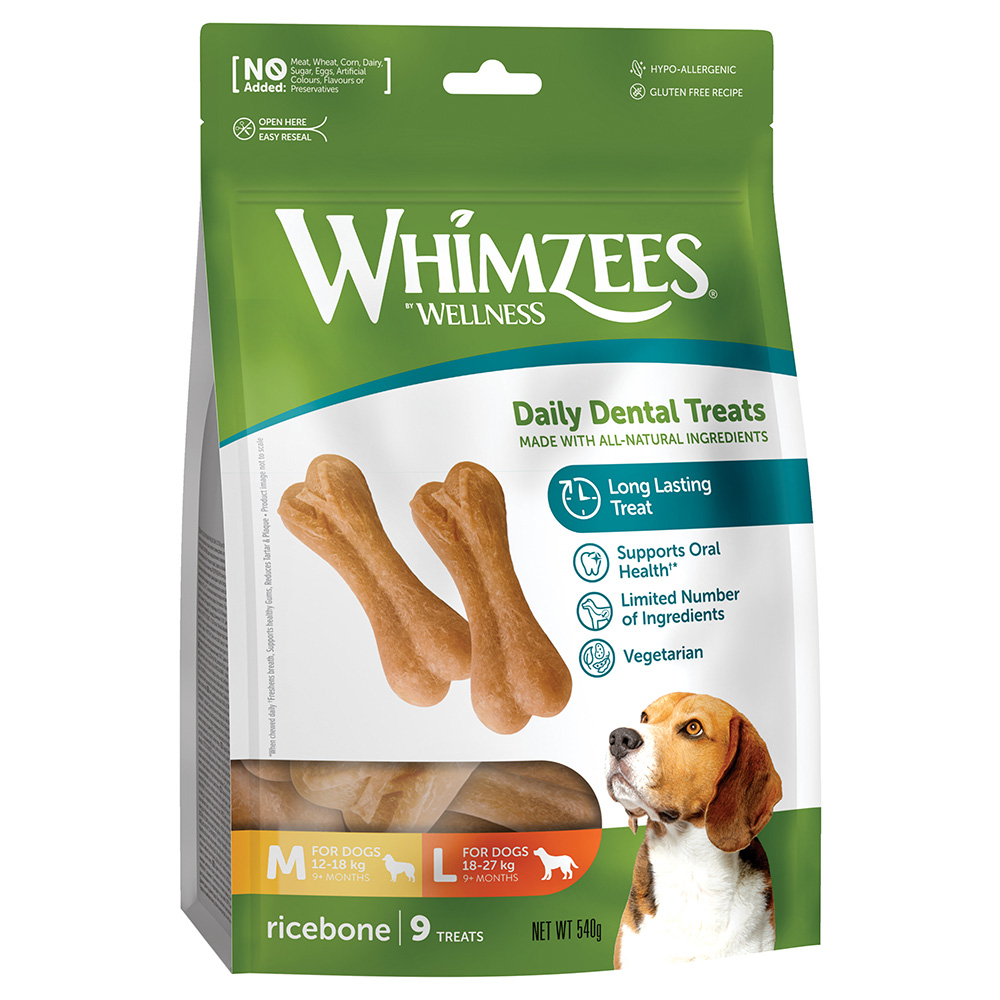 Whimzees by Wellness Ricebones, kość ryżowa - Rozmiar M/L: dla średnich i dużych psów (12-27 kg, 9 szt.)