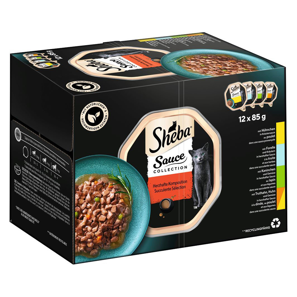 Pakiet próbny Sheba tacki, 12 x 85 g - Sauce Collection (królik; pstrąg; kurczak; indyk z kurczakiem)