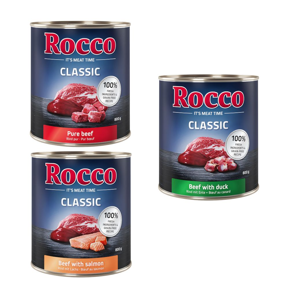 Mieszany pakiet próbny Rocco Classic, 6 x 800 g - Ekskluzywny pakiet mieszany: czysta wołowina, wołowina/łosoś, wołowina/kaczka