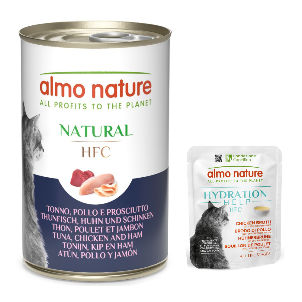 Almo Nature HFC, karma mokra dla kota: 12 x 140 g + Hydration Help, 6 x 50 g gratis! - Tuńczyk z szynką i kurczakiem, 12 x 140 g + Bulion drobiowy z filetem z kurczaka, 6 x 50 g
