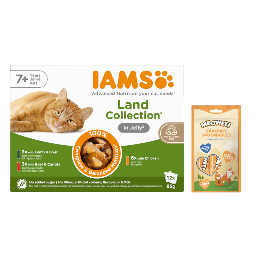 12 x 85 g IAMS Advanced Nutrition + Meowee! Savoury Spoonables, 8 x 14 g gratis! - Senior 7+ Land Collection w galarecie (3 smaki)