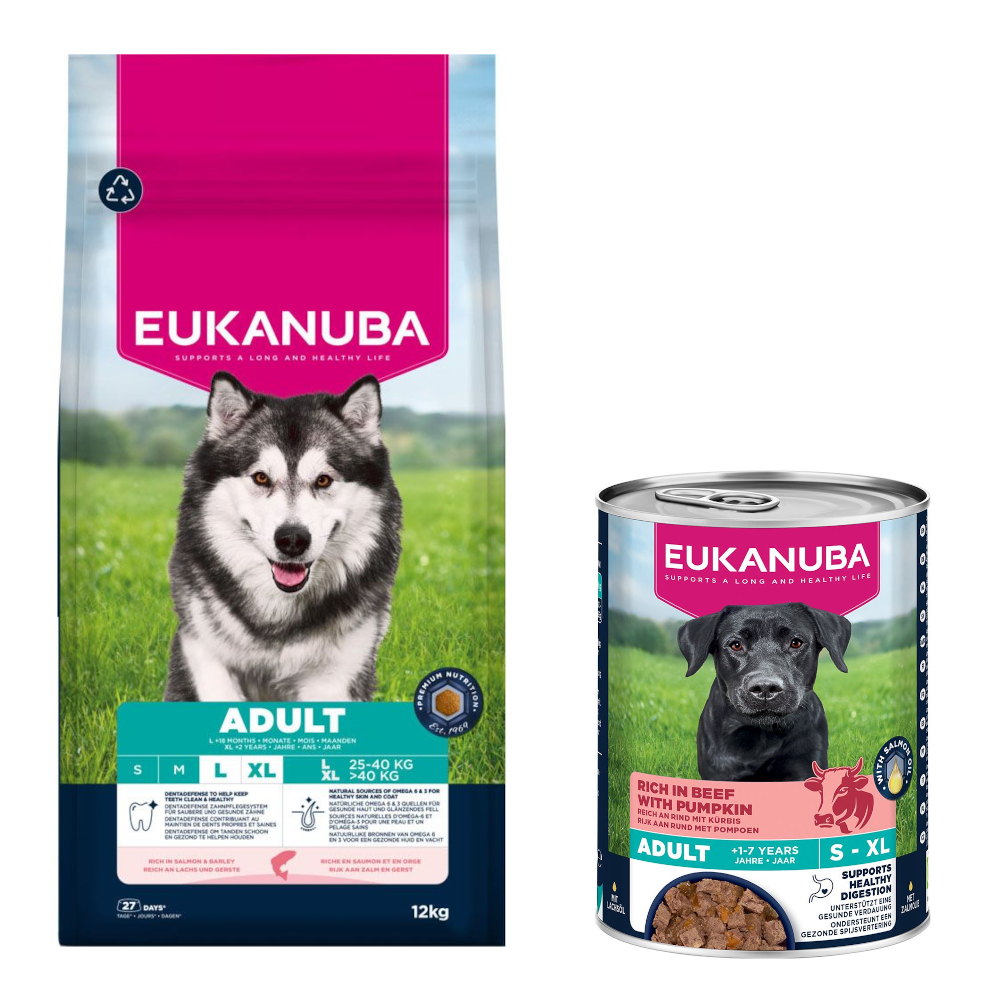 Eukanuba: Premium Nutrition, karma sucha, 12 kg/ 15 kg + wołowina z dynią, 3 x 400 g gratis! - Adult Large & Giant Breed, łosoś, 12 kg + Adult, wołowina z dynią, 3 x 400 g
