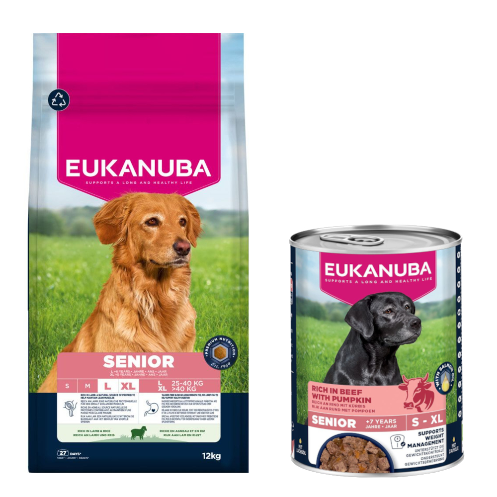Eukanuba: Premium Nutrition, karma sucha, 12 kg/ 15 kg + wołowina z dynią, 3 x 400 g gratis! - Senior Large & Giant Breed, jagnięcina i ryż, 12 kg + Senior, wołowina z dynią, 3 x 400 g