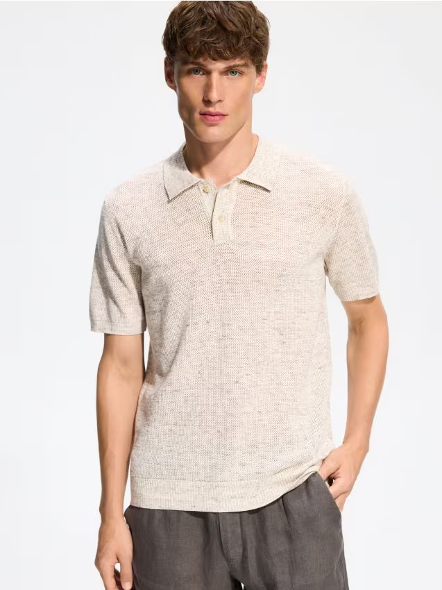Reserved - Strukturalny sweter polo - beżowy