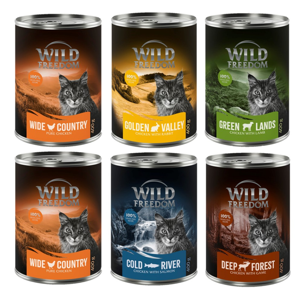 Mieszany pakiet próbny Wild Freedom Adult - 6 x 400 g: 2x kurczak, mintaj, jagnięcina, królik, dziczyzna