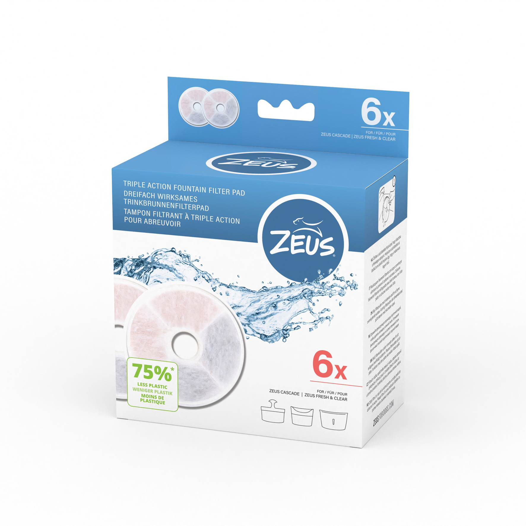 Zeus Fresh & Clear fontanna z osłoną przeciwbryzgową - Akcesoria: Bezramkowy filtr Triple Action (6 szt.)