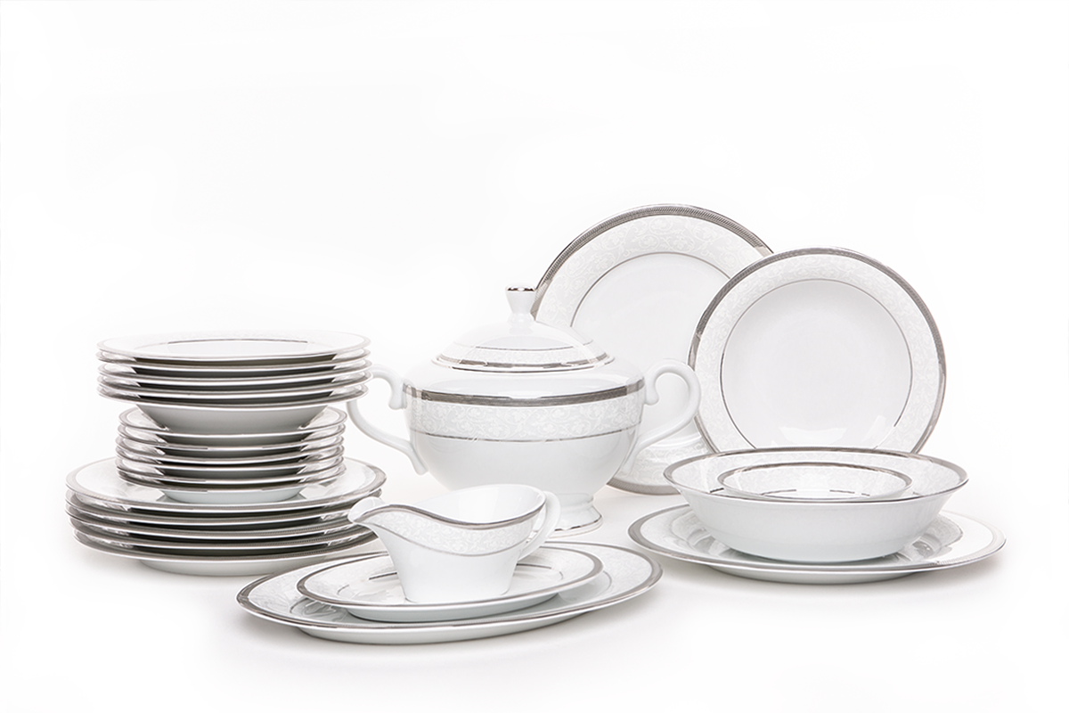 Serwis obiadowy polska porcelana, sosjerka, waza 25 elementów biały / platynowy wzór dla 6 os. GEOS PLATIN