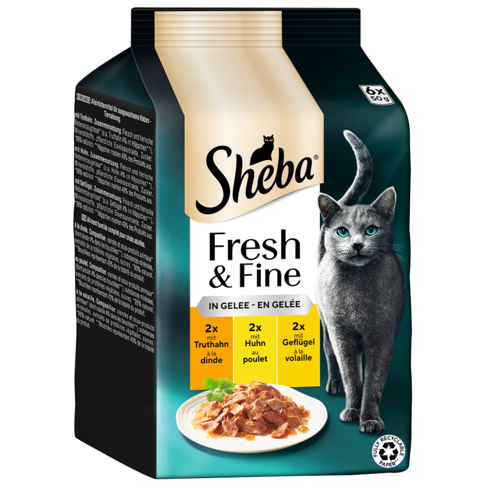 Korzystny pakiet Sheba Fresh & Fine, 12 x 50 g - Indyk, kurczak i drób w galarecie