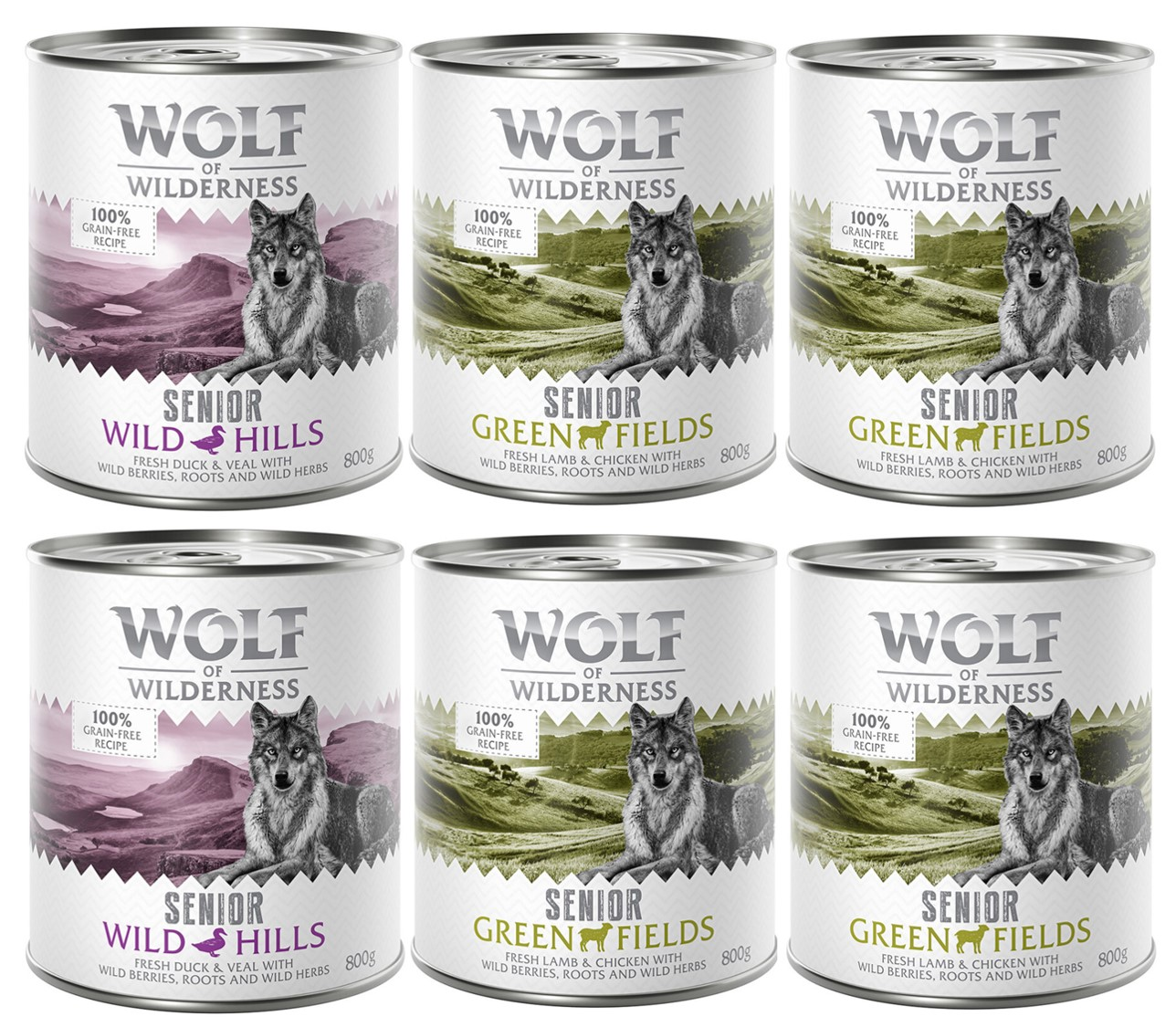 Wolf of Wilderness Senior, 6 x 800 g - Pakiet mieszany: 4x jagnięcina i kurczak, 2x kaczka i cielęcina