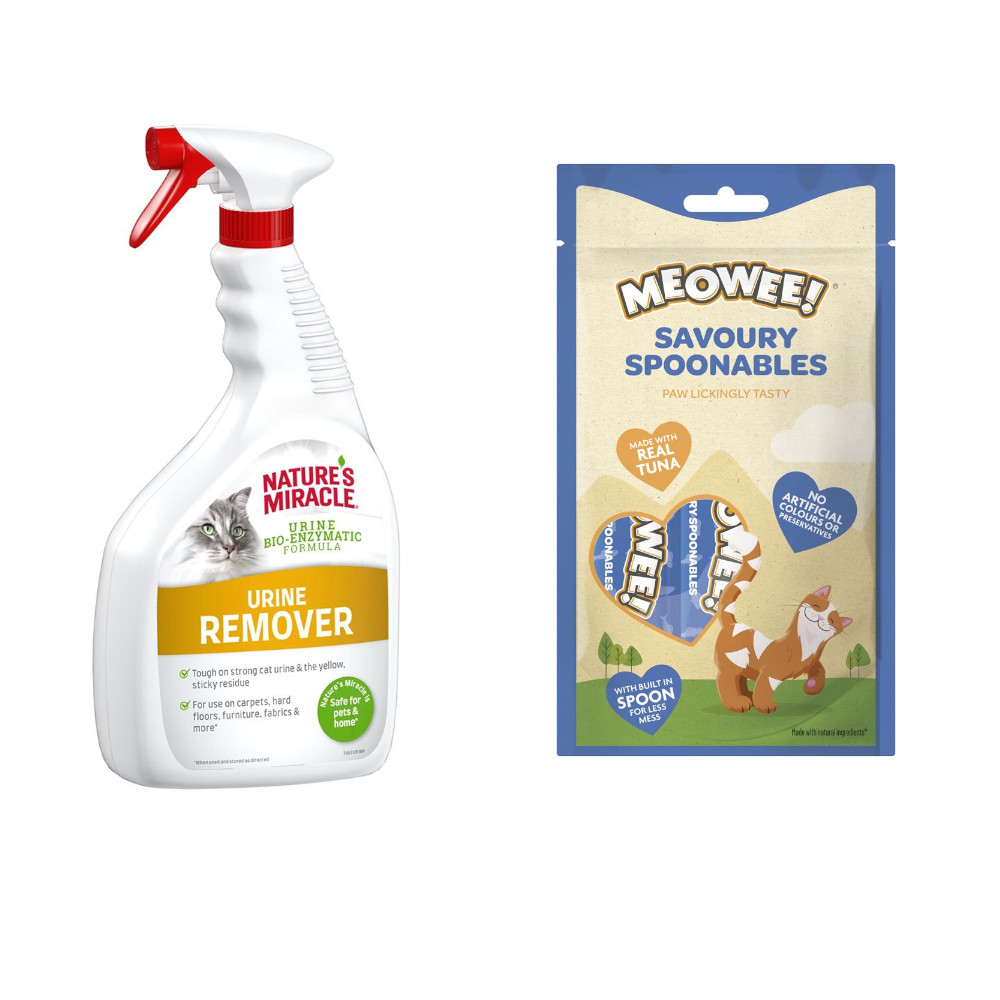 Nature's Miracle, 709 ml / 946 ml + Meowee! Savoury Spoonables, Tuńczyk, 8 x 14 g gratis! - Urine Remover Odplamiacz i neutralizator zapachu moczu, 946 ml