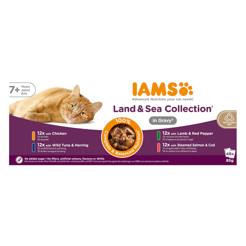 36 + 12 gratis! IAMS, karma mokra dla kota, 48 x 85 g -  Advanced Nutrition Senior Land & Sea Collection w sosie, Pakiet mieszany 2 (4 smaki)