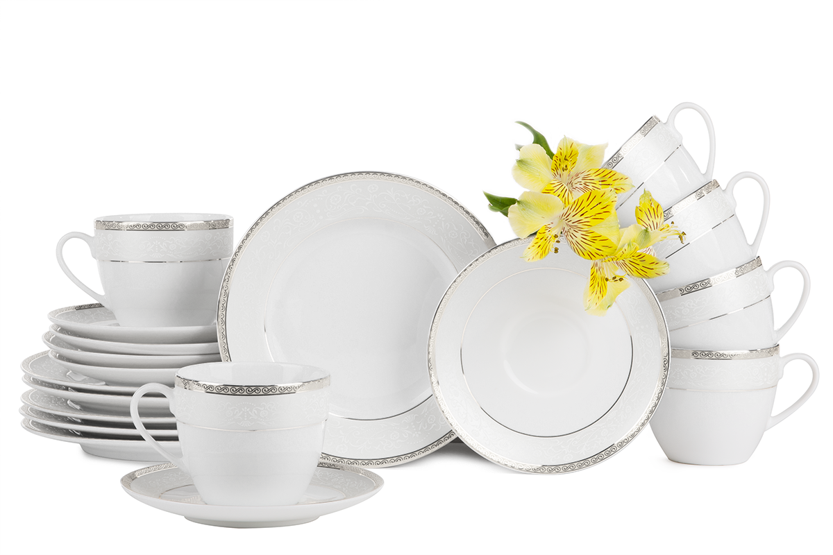 Serwis herbaciany polska porcelana 12 elementów biały / platynowy wzór dla 6 os. AGAWA PLATIN