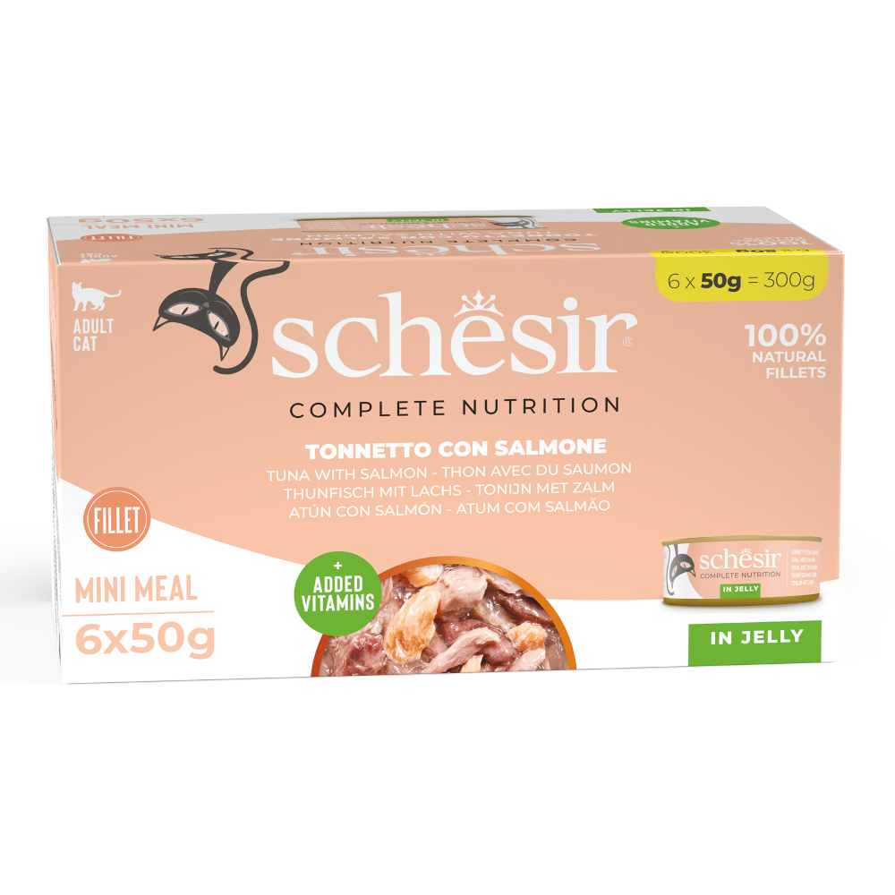 Schesir Complete Nutrition, filet w galarecie, 6 x 50 g w puszce - Tuńczyk z łososiem