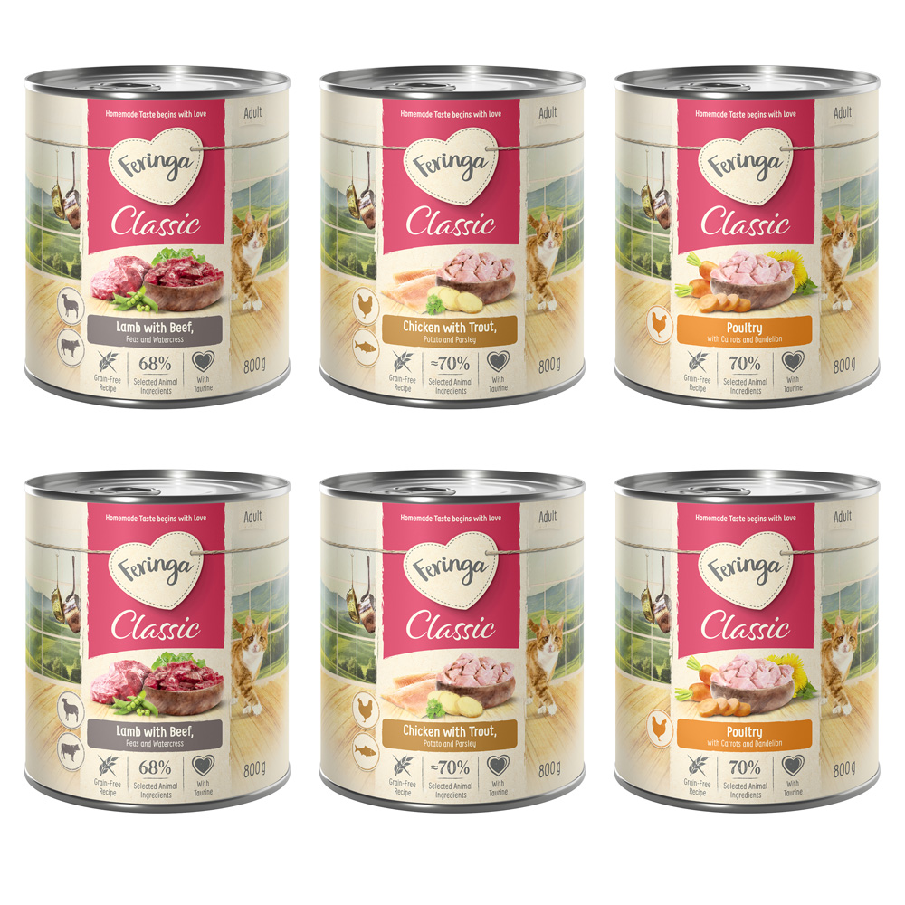 Pakiet mieszany Feringa Classic Meat Menü, 6 x 800 g  - Pakiet mieszany 1: Drób, Jagnięcina i królik, Kurczak i pstrąg
