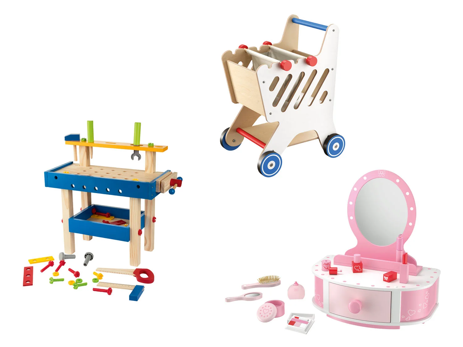 Playtive Drewniana toaletka/ Wózek na zakupy/ Mały majsterkowicz