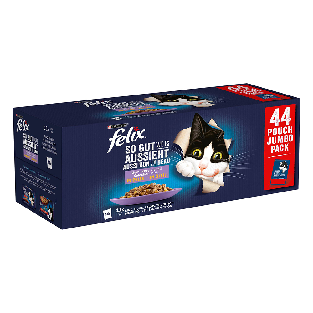 Megapakiet Felix w galarecie, "so gut wie es aussieht", 44 x 85 g - Kurczak, wołowina, tuńczyk, łosoś