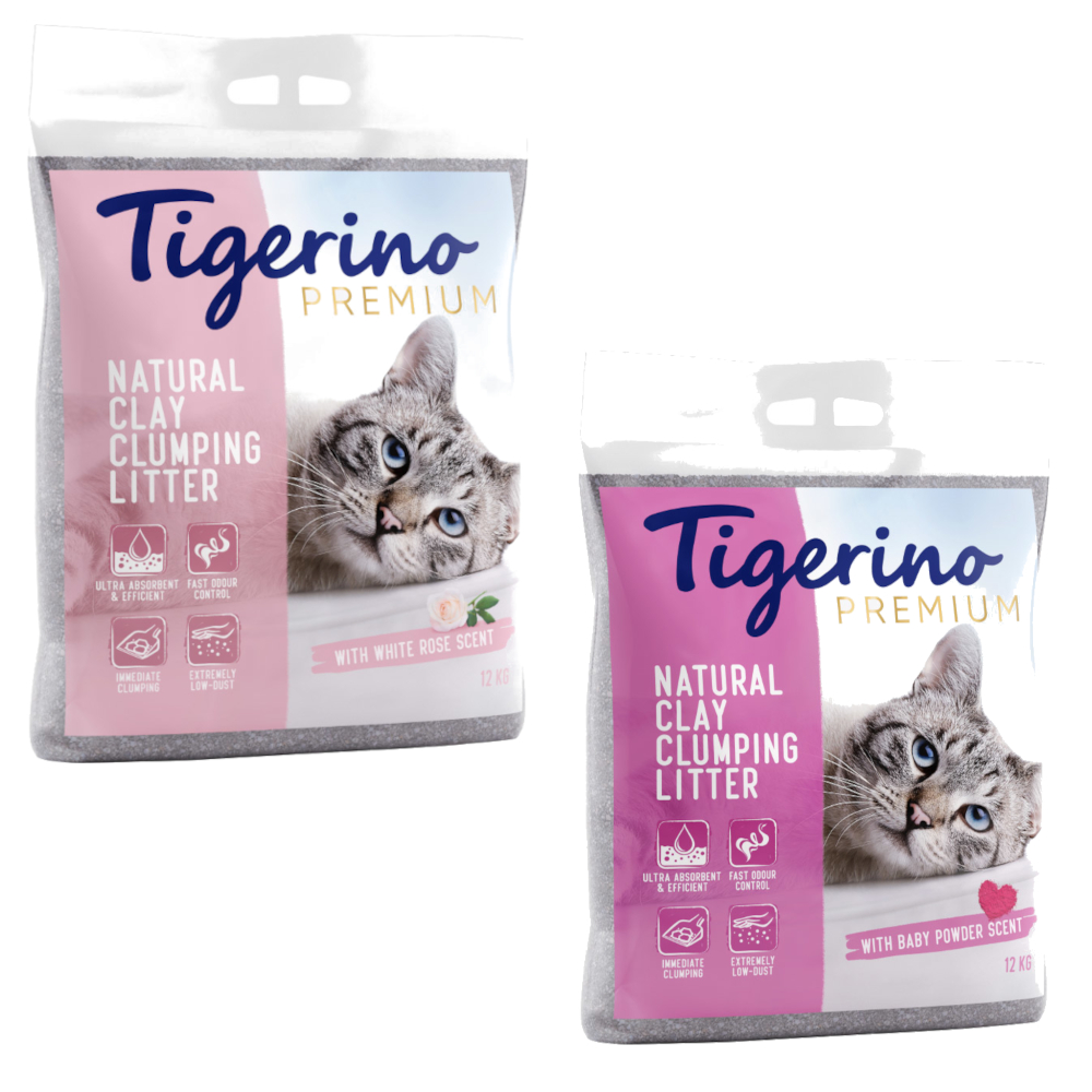 Korzystny dwupak: Tigerino, żwirek dla kota, 2 x 12 kg - Pakiet mieszany: puder dziecięcy + biała róża