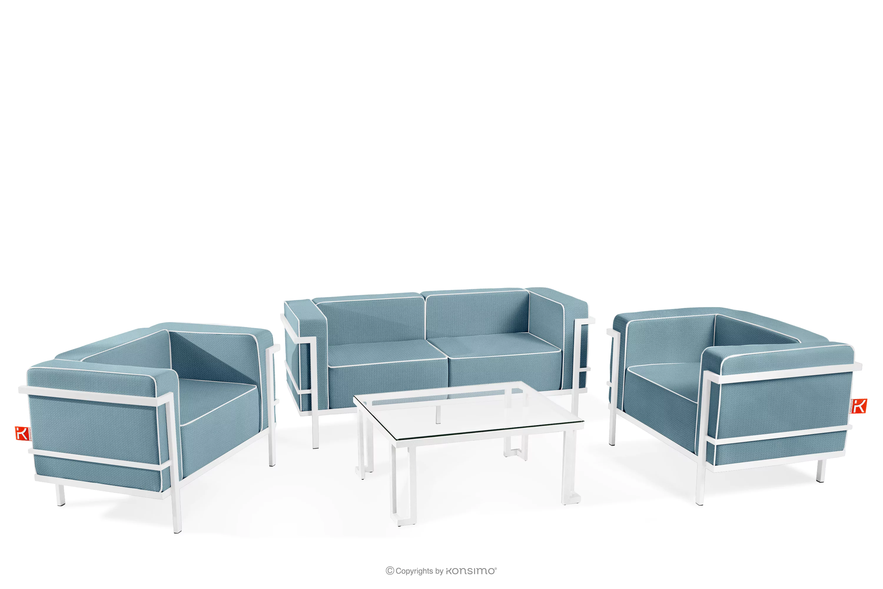Zestaw mebli ogrodowych 2x fotel, sofa dwuosobowa, stolik biały/morski/biały TRIGLO