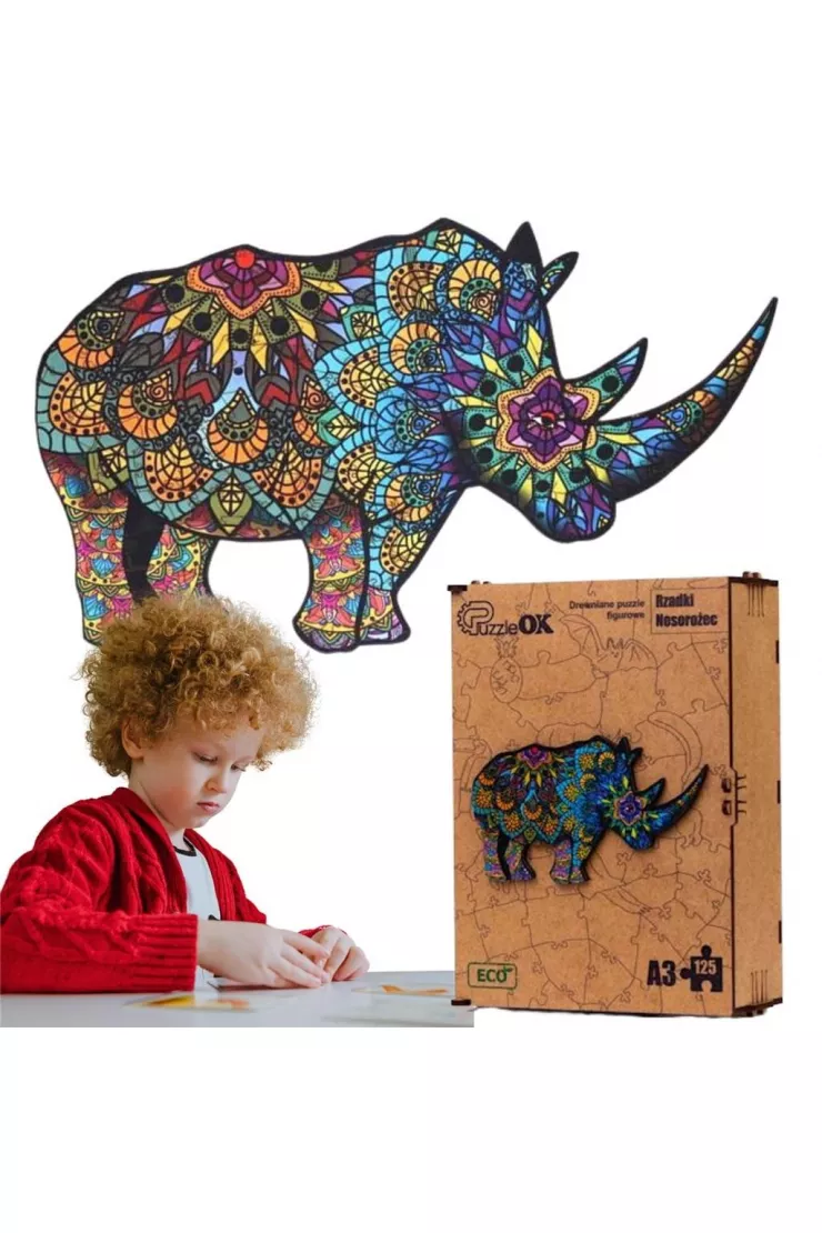Puzzle drewniane eko 125 el. Rzadki nosorożec A3
