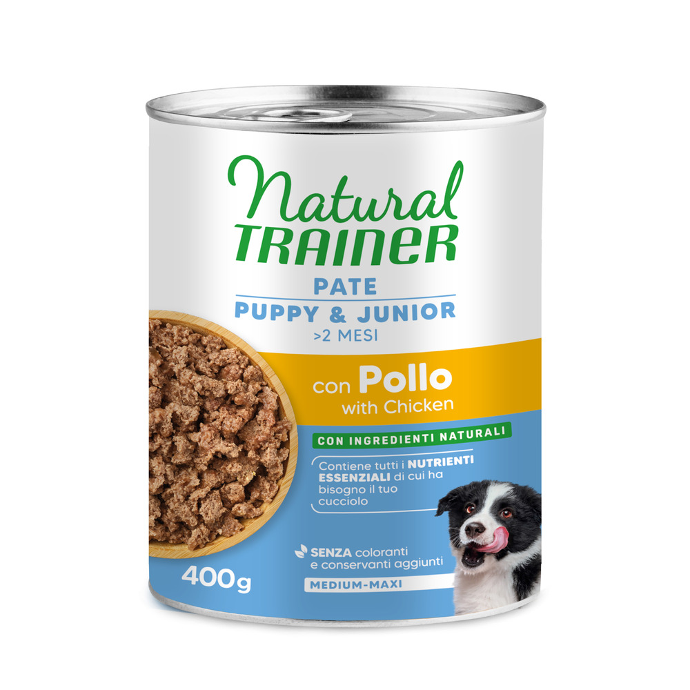2 + 1 gratis! Natural Trainer, karma mokra dla psa, 3 x 100 g / 3 x 400 g - Pate Medium & Maxi Puppy & Junior, kurczak w puszkach, 3 x 400 g