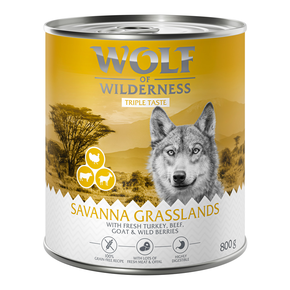 Korzystny pakiet Wolf of Wilderness „The Taste Of", 12 x 800 g - NOWOŚĆ! The Taste of Savanna - indyk, wołowina, kozina