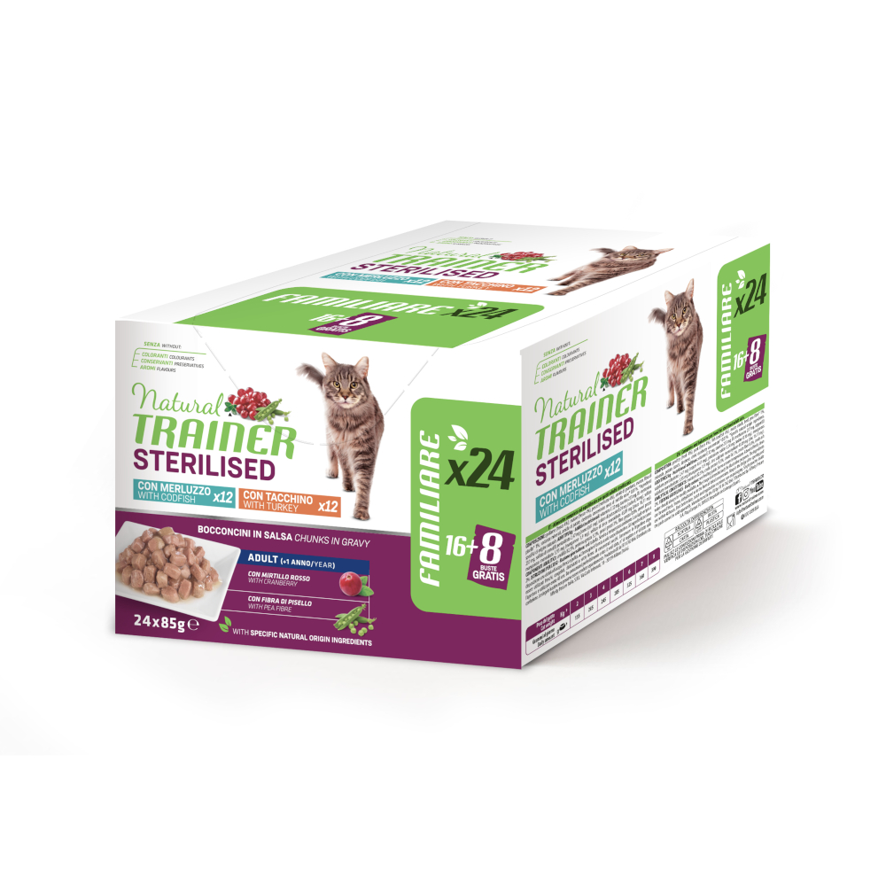 Natural Trainer Adult Sterilised  - Pakiet mieszany: Indyk i dorsz, 24 x 85 g