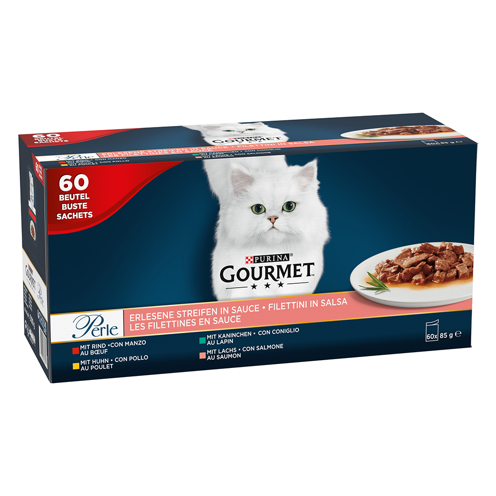 Megapakiet mieszany Gourmet Perle, 60 x 85 g - Wyborne paski w sosie (4 smaki)