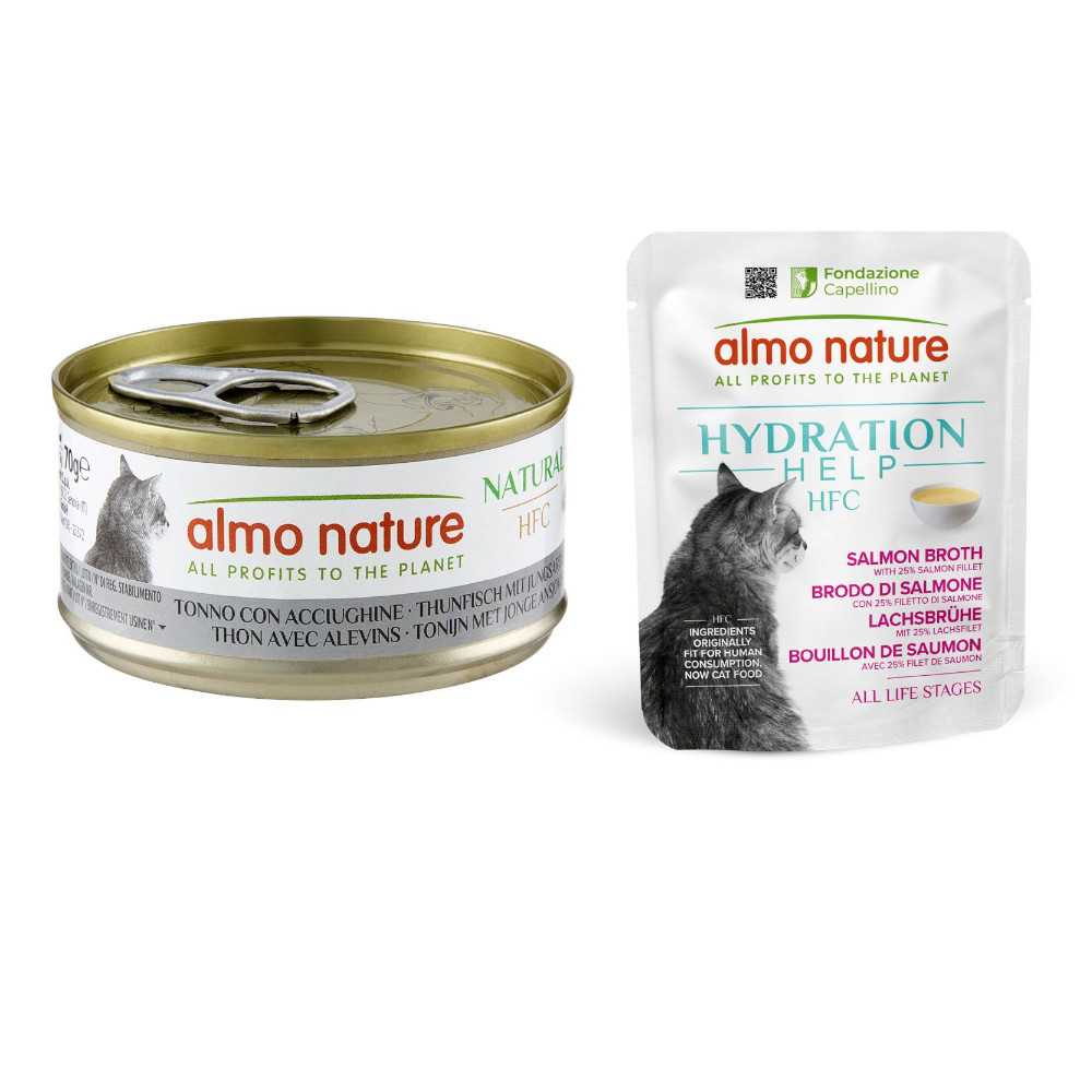 Almo Nature, karma mokra dla kota: 12 x 70 g +  HFC Hydration Help, 6 x 50 g gratis! - Tuńczyk i młode sardele, 12 x 70 g + Bulion z łososia z filetem z łososia, 6 x 50 g