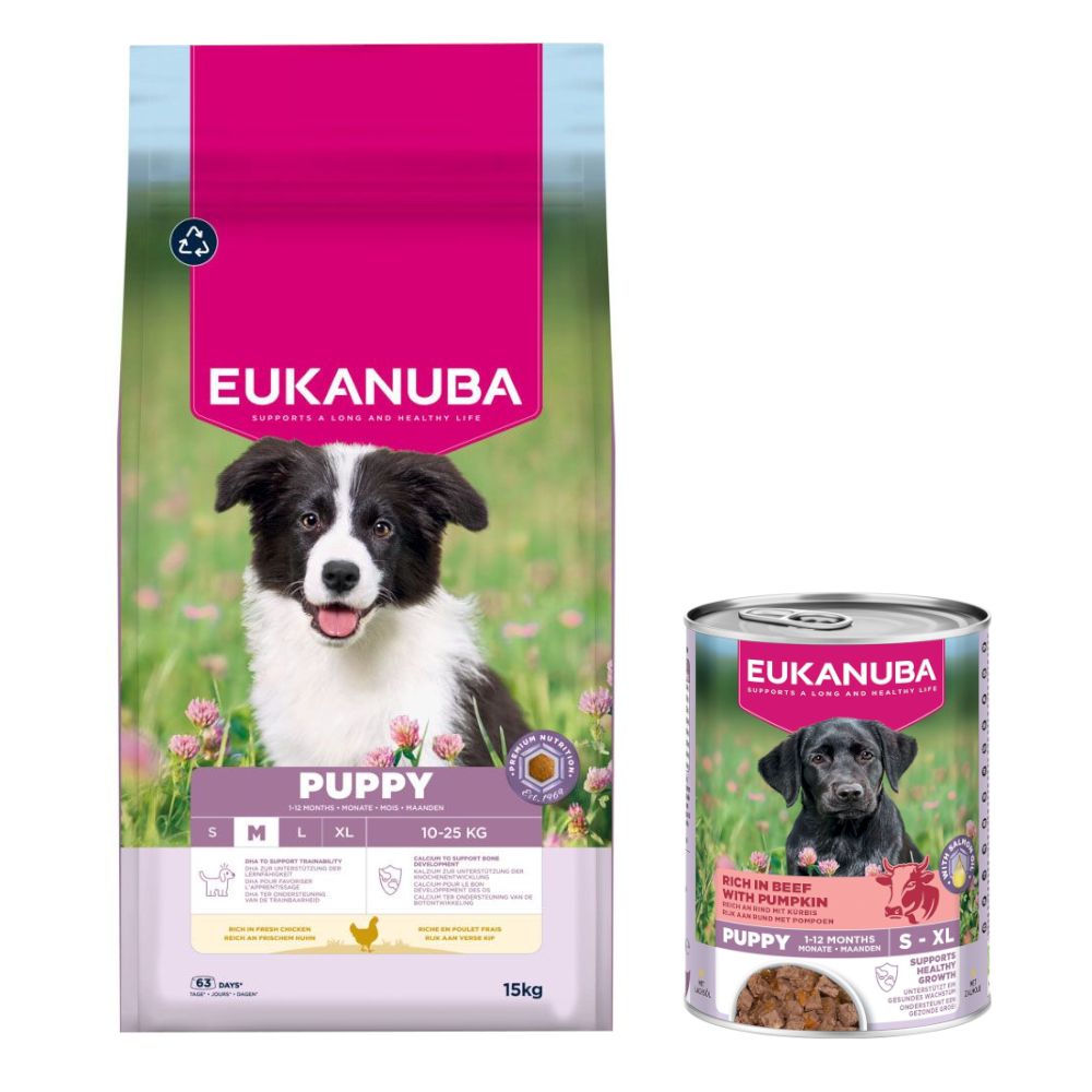 Eukanuba: Premium Nutrition, karma sucha, 12 kg/ 15 kg + wołowina z dynią, 3 x 400 g gratis! - Puppy Medium Breed, kurczak, 15 kg + Puppy, wołowina z dynią, 3 x 400 g