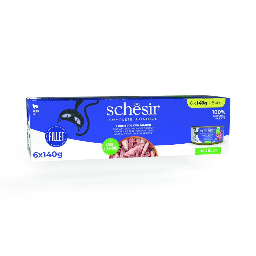 Schesir Complete Nutrition, filet w galarecie, 6 x 140 g w puszce - Tuńczyk z wołowiną