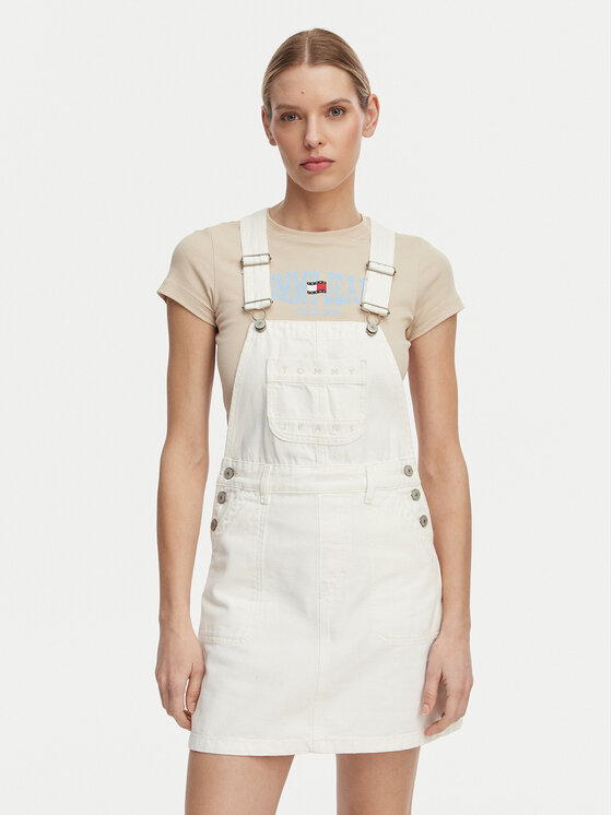 Tommy Jeans Sukienka jeansowa Logo Pocket Dungaree DW0DW22002 Biały Regular Fit