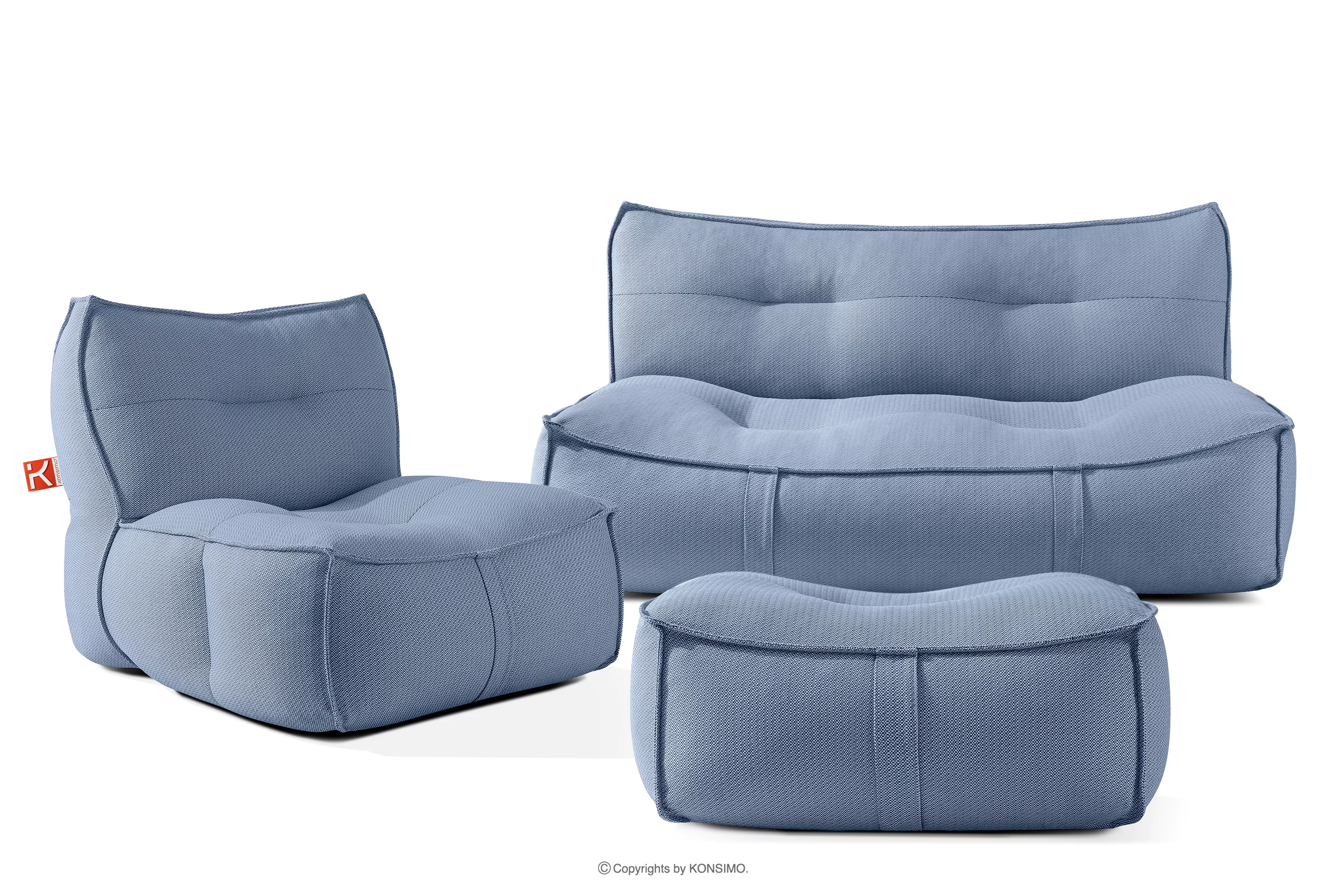Komplet mebli ogrodowych sofa fotel puf w tkaninie plecionej outdoorowej granatowy/biały LOVIA