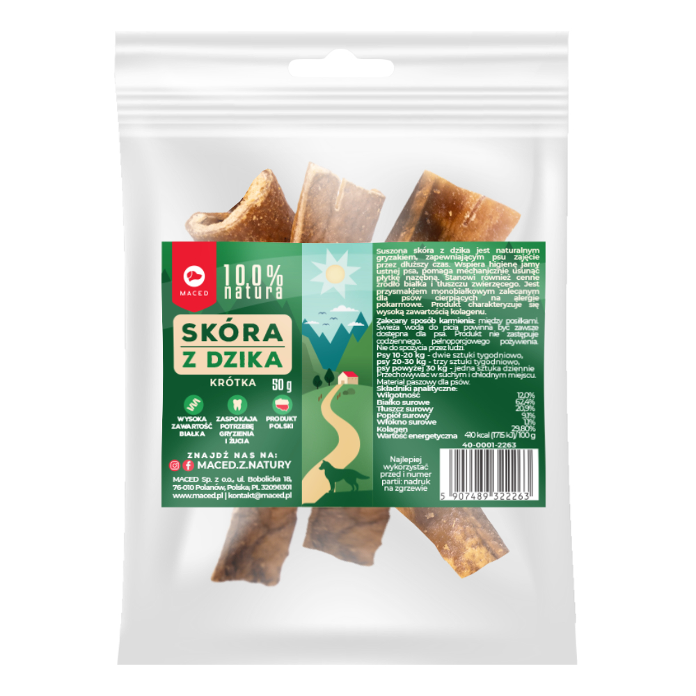 Potrójne zoopunkty! Maced, przysmaki dla psa, różne rodzaje - Skóra z dzika, 50 g (ok. 6-14 cm)
