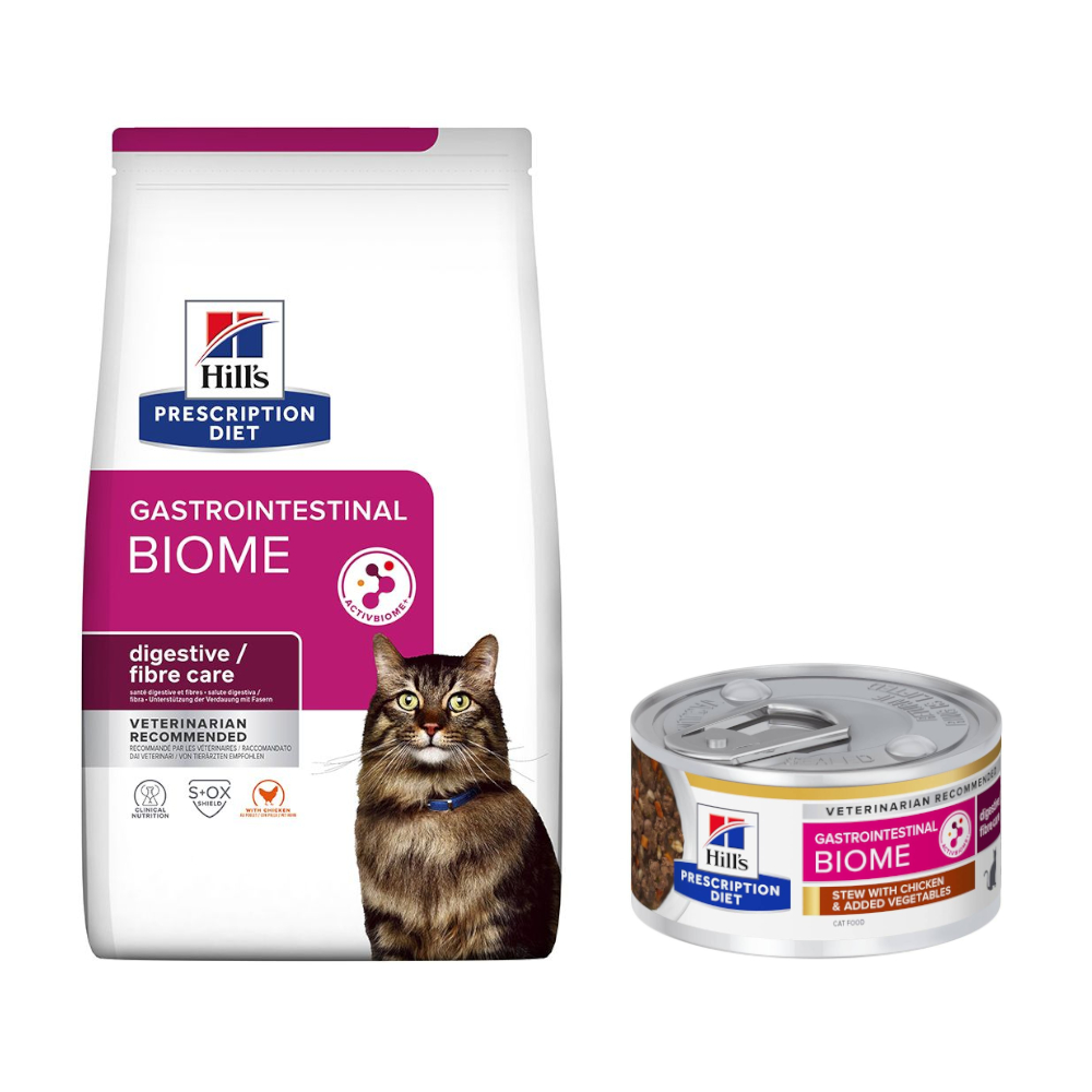Hill's Prescription Diet Feline: karma sucha, 8 kg + karma mokra gratis! - Gastrointestinal Biome + Gastrointestinal Biome, kurczak z warzywami, 8 x 82 g