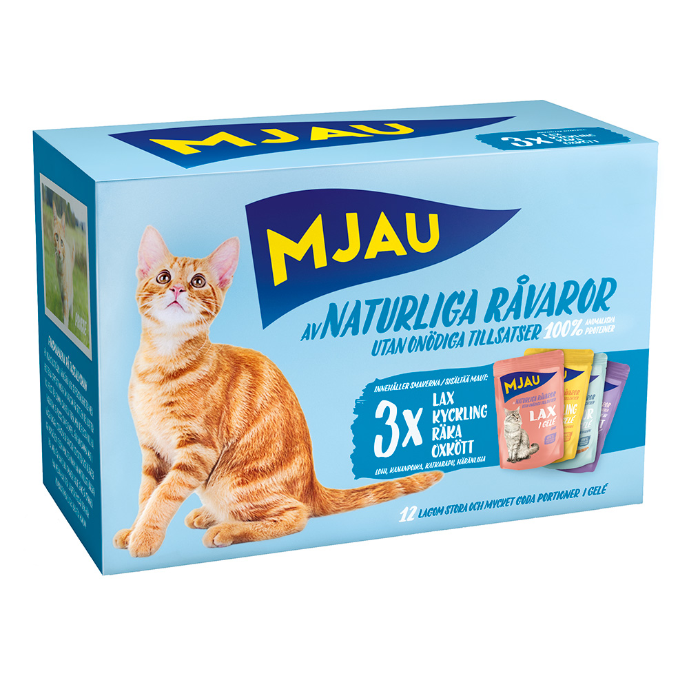 10% taniej! Mjau, karma mokra, 12 / 48 x 85 g - Cat w saszetkach, Pakiet mieszany rybno-mięsne menu w galarecie (4 smaki), 12 x 85 g