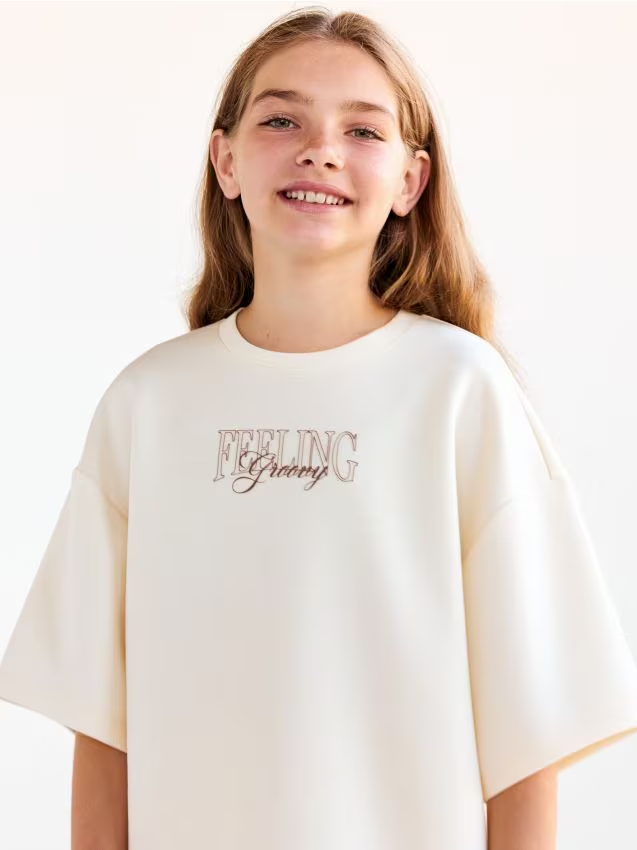 Reserved - T-shirt z haftem - kremowy