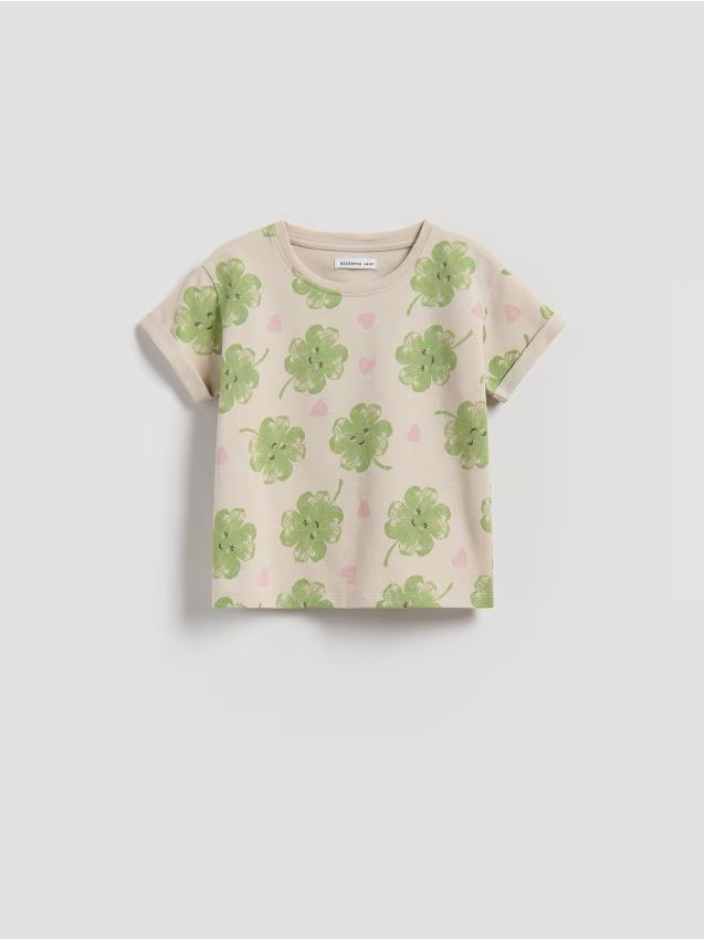 Reserved - Wzorzysty t-shirt - beżowy miniaturka