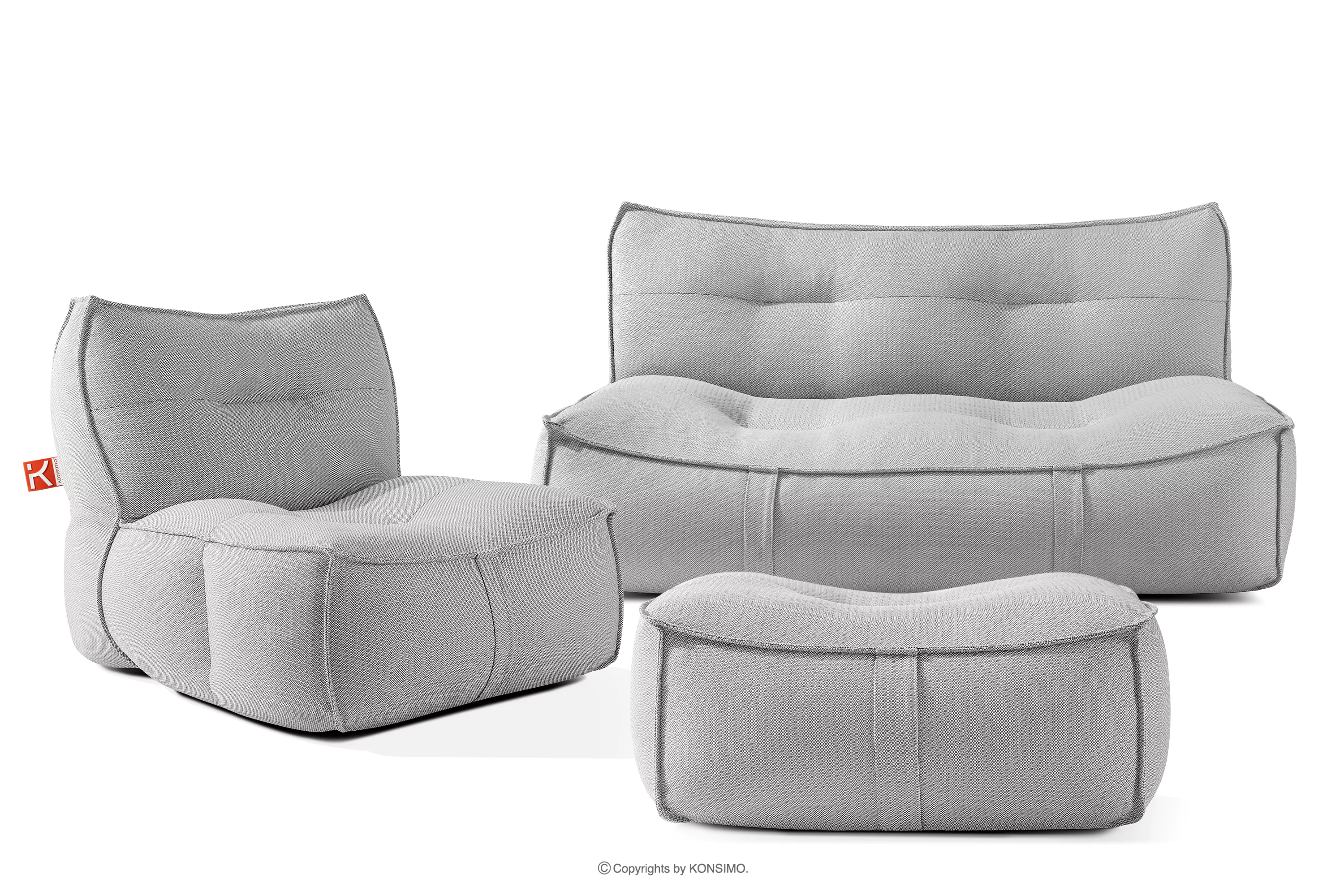 Zestaw ogrodowy fotel sofa i puf w tkaninie plecionej outdoorowej ciemny szary/biały LOVIA