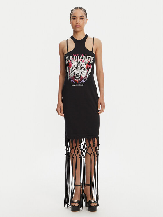 Versace Jeans Couture Sukienka codzienna Logo Fringes 78HAOE01 CJ02E Czarny Regular Fit